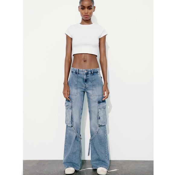 Zara Mid-Rise Cargo Blue Straight Leg Jeans Women's sz 2 - Picture 2 of 16